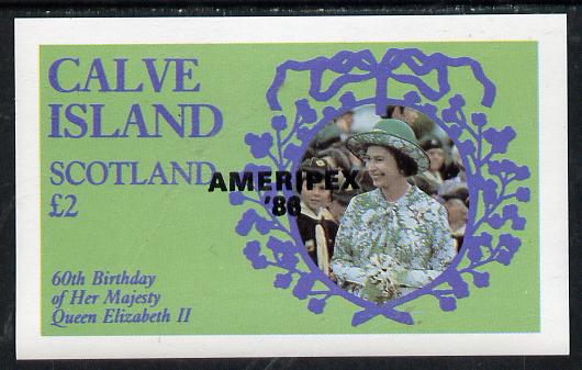 Calve Island 1986 Queen's 60th Birthday imperf deluxe sheet (£2 value with Cub-Scouts in crowd) with AMERIPEX opt in black unmounted mint, stamps on scouts, stamps on royalty, stamps on 60th birthday, stamps on stamp exhibitions