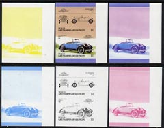 St Vincent - Bequia 1986 Cars #5 (Leaders of the World) $1 (1922 Duesenberg Model A) set of 6 imperf se-tenant progressive colour proof pairs comprising the four individu..., stamps on cars       duesenberg