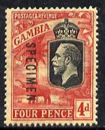 Gambia 1922-29 KG5 MCA Elephant & Palm 4d black & red on yellow overprinted SPECIMEN with gum and only about 400 produced SG 118s, stamps on , stamps on  kg5 , stamps on elephants