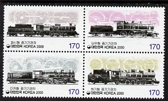 South Korea 2000 Railways 1st Series se-tenant block of 4 unmounted mint, SG 2379a, stamps on railways