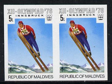 Maldive Islands 1976 Winter Olympics 5l (Ski Jumping) unmounted mint imperf pair (as SG 628), stamps on sport, stamps on olympics, stamps on skiing    