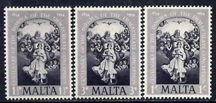 Malta 1954 the Immaculate Conception perf set of 3 in black specially produced for the Penrose book, marked on reverse Reproduction only, No Postal or Philatelic value un..., stamps on religion