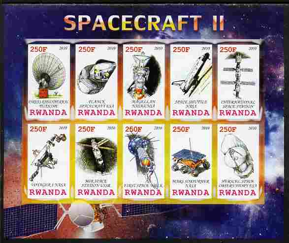 Rwanda 2010 Spacecraft #02 imperf sheetlet containing 10 values unmounted mint, stamps on space, stamps on rockets