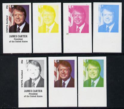 Staffa 1977 Carter/Mondale Inauguration 20p James Carter (President) set of 7 imperf progressive colour proofs comprising the 4 individual colours plus 2, 3 and all 4-col..., stamps on constitutions        americana personalities    usa-presidents