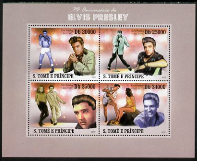 St Thomas & Prince Islands 2010 75th Birth Anniversary of Elvis Presley perf sheetlet containing 4 values unmounted mint, stamps on personalities, stamps on elvis, stamps on music, stamps on films, stamps on cinema, stamps on movies, stamps on pops, stamps on rock, stamps on boxing, stamps on 