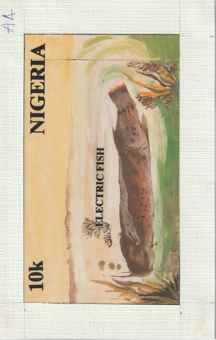Nigeria 1991 Fishes - original hand-painted artwork for 10k value (Catfish) by unknown artist on card 8.5 x 5 endorsed A4, stamps on fish, stamps on marine-life
