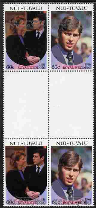 Tuvalu - Nui 1986 Royal Wedding (Andrew & Fergie) 60c with 'Congratulations' opt in silver in unissued perf inter-paneau block of 4 (2 se-tenant pairs) with overprint inverted on one pair unmounted mint from Printer's uncut proof sheet, stamps on , stamps on  stamps on royalty, stamps on  stamps on andrew, stamps on  stamps on fergie, stamps on  stamps on 