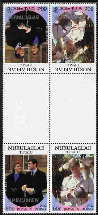 Tuvalu - Nukulaelae 1986 Royal Wedding (Andrew & Fergie) 60c perf tete-beche inter-paneau gutter block of 4 (2 se-tenant pairs) overprinted SPECIMEN in silver (Italic cap..., stamps on royalty, stamps on andrew, stamps on fergie, stamps on 