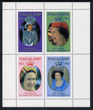 Nagaland 1986 Queens 60th Birthday perf sheetlet containing set of 4 stamps unmounted mint, stamps on royalty, stamps on 60th birthday