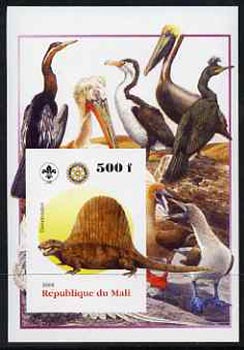 Mali 2005 Dinosaurs #07 - Dimetrodon imperf m/sheet with Scout & Rotary Logos, background shows various Birds unmounted mint, stamps on scouts, stamps on rotary, stamps on dinosaurs, stamps on animals, stamps on birds