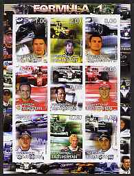 Tadjikistan 2001 Formula 1 imperf sheetlet #1 containing set of 9 values unmounted mint, stamps on cars, stamps on racing cars, stamps on formula 1, stamps on  f1 , stamps on shells