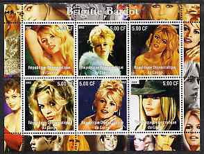 Congo 2002 Brigitte Bardot perf sheetlet containing set of 6 values unmounted mint, stamps on personalities, stamps on films, stamps on cinema, stamps on movies, stamps on women