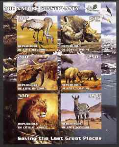 Ivory Coast 2003 The Nature Conservancy imperf sheetlet containing set of 6 values (Animals) unmounted mint, stamps on wildlife, stamps on environment, stamps on elephants, stamps on rhinos, stamps on cats, stamps on lions, stamps on zebras, stamps on zebra