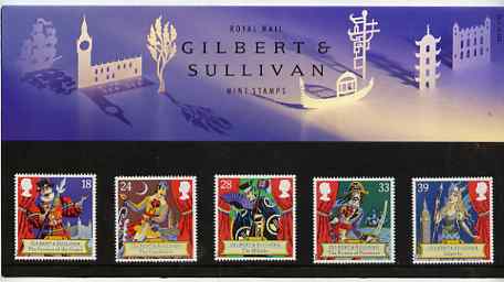 Great Britain 1992 Gilbert & Sullivan Operas set of 5 in official presentation pack, stamps on music, stamps on operas, stamps on entertainments