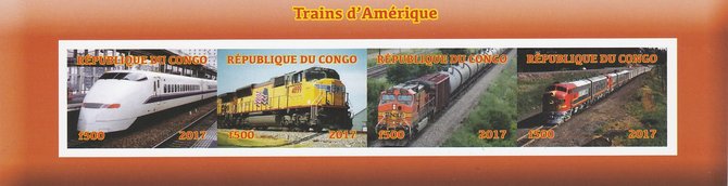 Congo 2017 Trains of America imperf sheetlet containing 4 values unmounted mint. Note this item is privately produced and is offered purely on its thematic appeal, stamps on railways