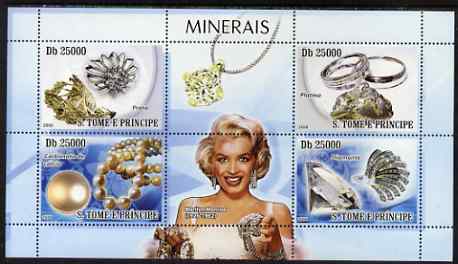 St Thomas & Prince Islands 2008 Minerals and Jewels (with Marilyn Monroe) perf sheetlet containing 4 values unmounted mint, stamps on minerals, stamps on jewellery, stamps on jewelry, stamps on marilyn, stamps on marilyn monroe, stamps on pearls, stamps on diamonds