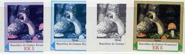 Equatorial Guinea 1977 European Animals EK5 (Stoat and Wild Mushrooms) set of 4 imperf progressive proofs on ungummed paper comprising 1, 2, 3 and all 4 colours (as Mi 11..., stamps on animals    fungi