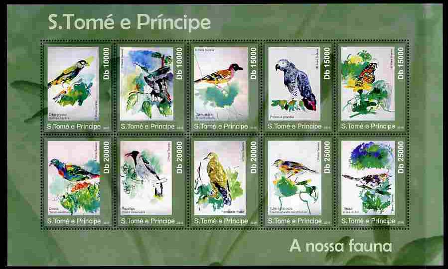 St Thomas & Prince Islands 2010 Birds & Butterflies perf sheetlet containing 10 values unmounted mint , stamps on birds, stamps on butterflies