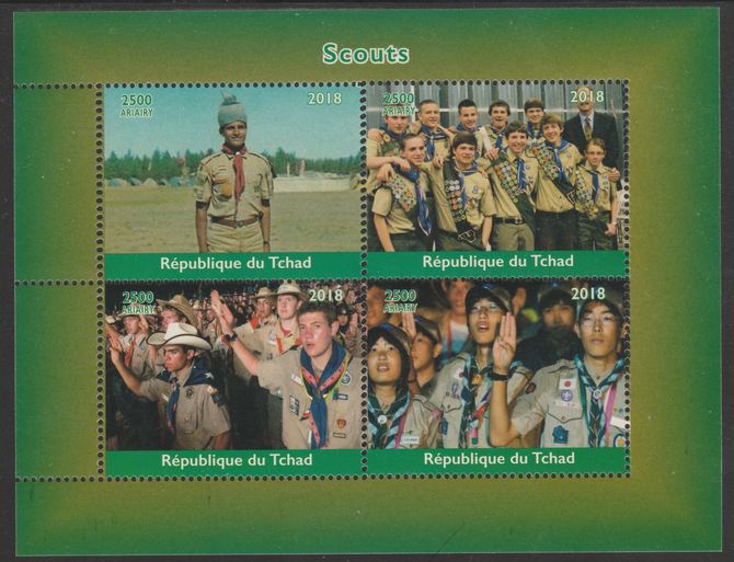 Chad 2018 Scouts perf sheetlet containing 4 values unmounted mint. Note this item is privately produced and is offered purely on its thematic appeal, it has no postal val..., stamps on scouts
