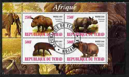 Chad 2010 African Fauna #1 perf sheetlet containing 4 values fine cto used, stamps on animals, stamps on hippos, stamps on elephants
