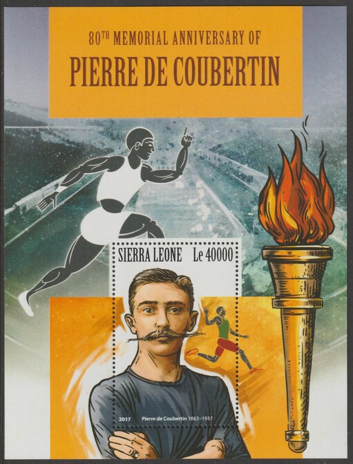 Sierra Leone 2017 Pierre de Coubertin 80th Death Anniv perf deluxe sheet containing one value unmounted mint, stamps on olympics, stamps on coubertin, stamps on 