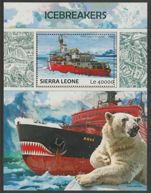 Sierra Leone 2017 Icebreakers perf deluxe sheet containing one value unmounted mint, stamps on ships, stamps on icebreakers, stamps on polar, stamps on bears