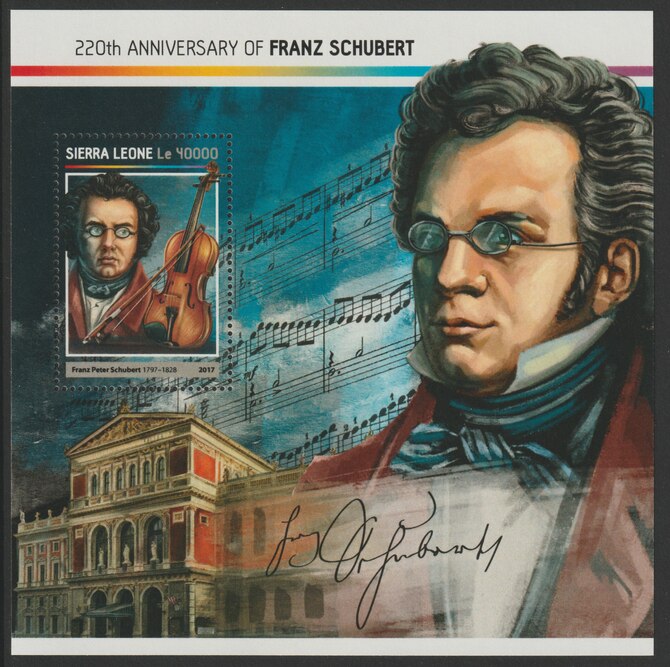 Sierra Leone 2017 Franz Schubert 220th Death Anniv perf deluxe sheet containing one value unmounted mint, stamps on schubert, stamps on music, stamps on composers