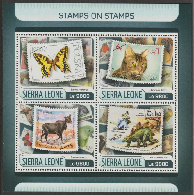 Sierra Leone 2017 Stamp on Stamp perf sheetlet containing 4 values unmounted mint, stamps on stamp on stamps, stamps on butterflies, stamps on cats, stamps on dinosaurs