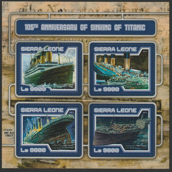 Sierra Leone 2017 Sinking of the Titanic 105th Anniv perf sheetlet containing 4 values unmounted mint, stamps on ships, stamps on titanic