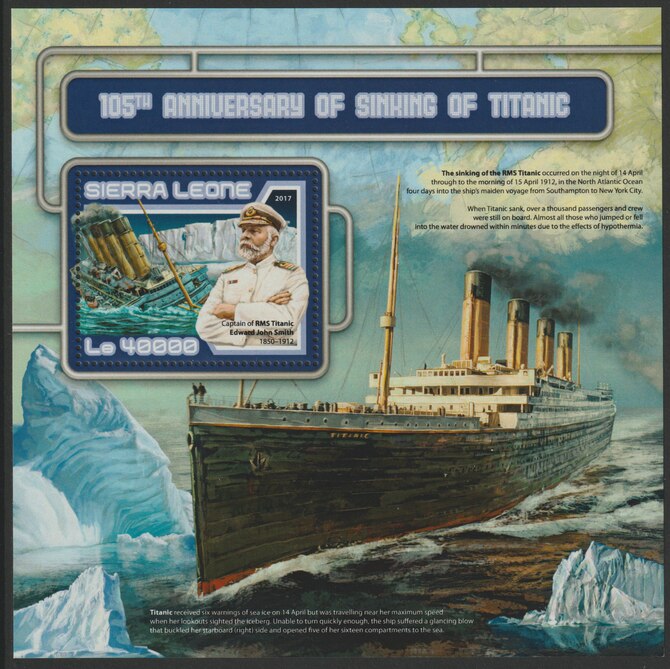 Sierra Leone 2017 Sinking of the Titanic 105th Anniv perf deluxe sheet containing one value unmounted mint, stamps on ships, stamps on titanic
