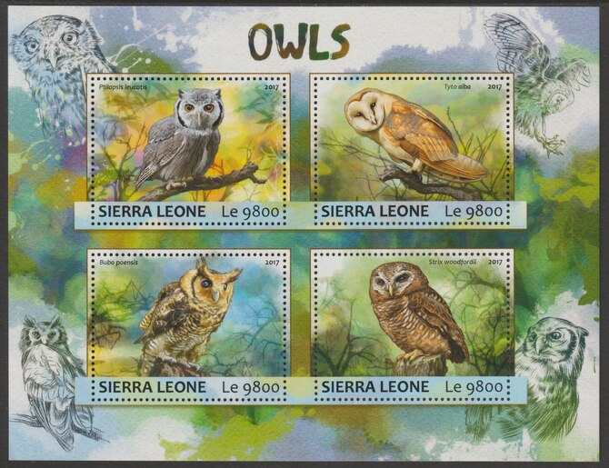 Sierra Leone 2017 Owls #1 perf sheetlet containing 4 values unmounted mint, stamps on birds, stamps on owls, stamps on birds of prey