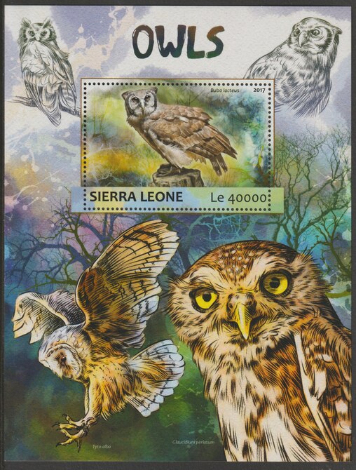 Sierra Leone 2017 Owls #1 perf deluxe sheet containing one value unmounted mint, stamps on birds, stamps on owls, stamps on birds of prey