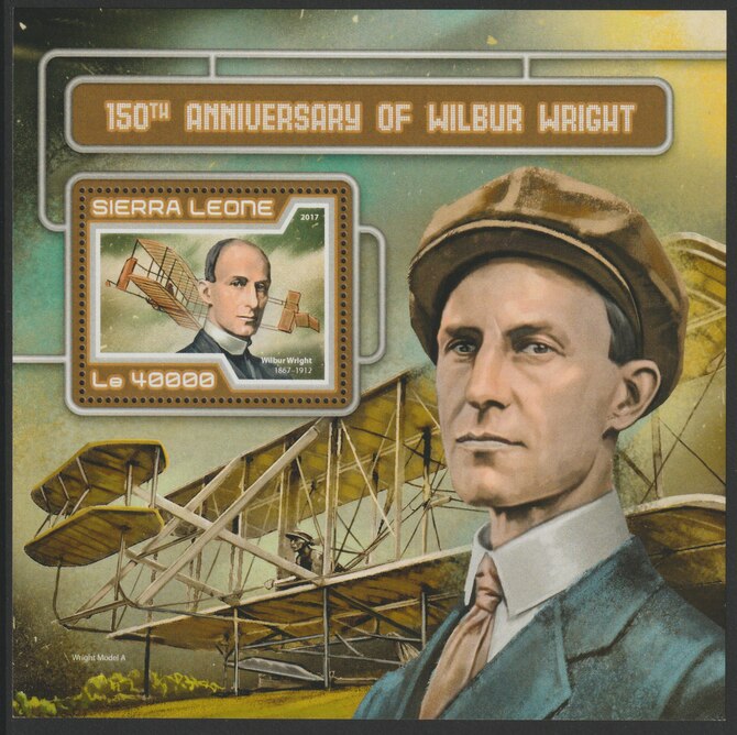 Sierra Leone 2017 Wilbur Wright 150th Birth Anniv perf deluxe sheet containing one value unmounted mint, stamps on aviation, stamps on wright