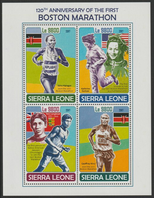 Sierra Leone 2017 Boston Marathon 120th Anniv perf sheetlet containing 4 values unmounted mint, stamps on sport, stamps on marathon