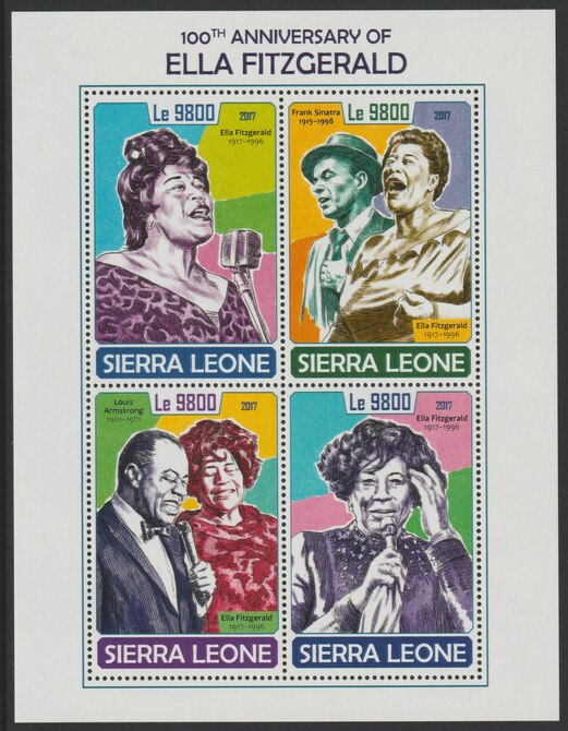 Sierra Leone 2017 Ella Fitzgerald (singer) 100th Birth Anniv perf sheetlet containing 4 values unmounted mint, stamps on music, stamps on women, stamps on 