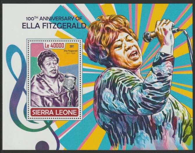 Sierra Leone 2017 Ella Fitzgerald (singer) 100th Birth Anniv perf deluxe sheet containing one value unmounted mint, stamps on music, stamps on women, stamps on 