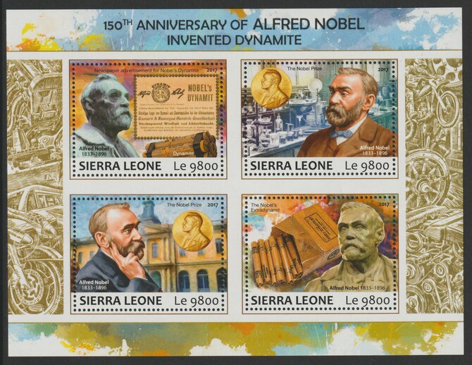 Sierra Leone 2017 Alfred Nobel inventor of Dynamite 150th Anniv perf sheetlet containing 4 values unmounted mint, stamps on nobel, stamps on dynamite