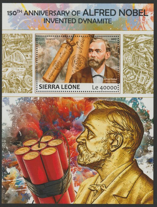 Sierra Leone 2017 Alfred Nobel inventor of Dynamite 150th Anniv perf deluxe sheet containing one value unmounted mint, stamps on nobel, stamps on dynamite