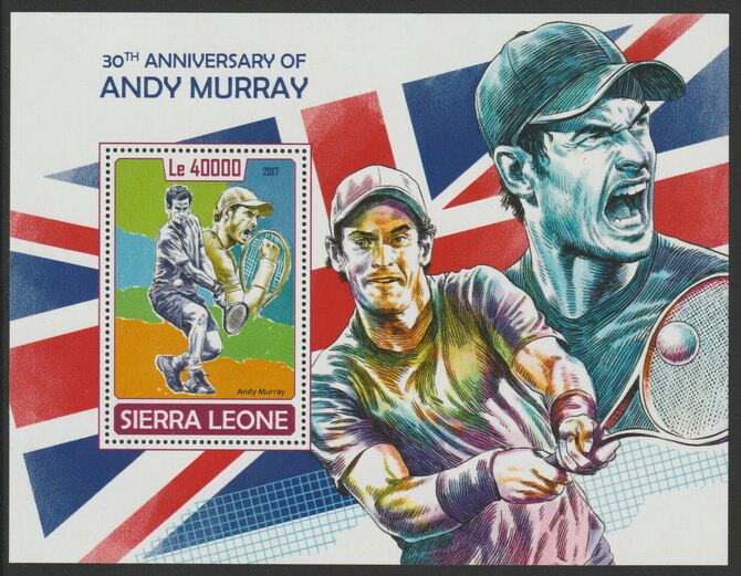 Sierra Leone 2017 Andy Murray (tennis) 30th Birth Anniv perf deluxe sheet containing one value unmounted mint, stamps on , stamps on  stamps on sport, stamps on  stamps on tennis, stamps on  stamps on murray