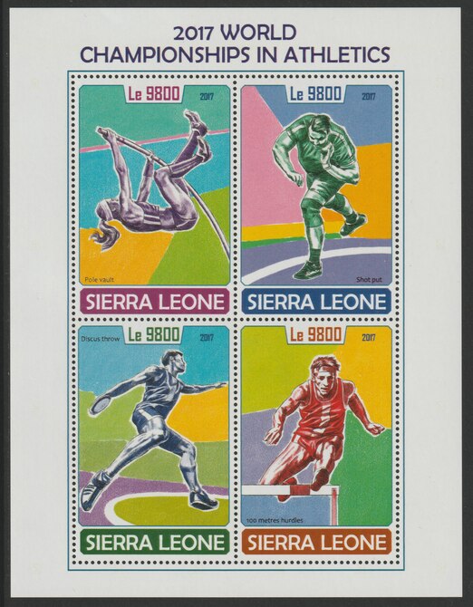 Sierra Leone 2017 Athletics - World Championship perf sheetlet containing 4 values unmounted mint, stamps on , stamps on  stamps on sport, stamps on  stamps on athletics, stamps on  stamps on pole vault, stamps on  stamps on shot.discus, stamps on  stamps on hurdles
