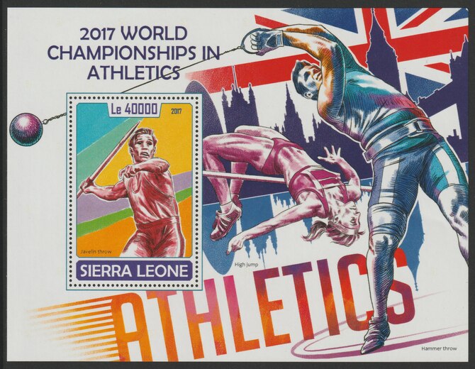 Sierra Leone 2017 Athletics - World Championship perf deluxe sheet containing one value unmounted mint, stamps on sport, stamps on athletics, stamps on javelin, stamps on hammer, stamps on high jump