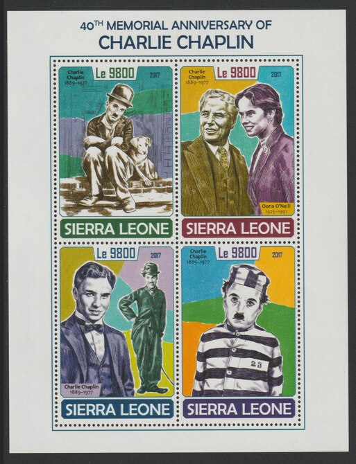 Sierra Leone 2017 Charlie Chaplin 40th Death Anniv perf sheetlet containing 4 values unmounted mint, stamps on , stamps on  stamps on chaplin, stamps on  stamps on actor, stamps on  stamps on films, stamps on  stamps on movies, stamps on  stamps on comedy