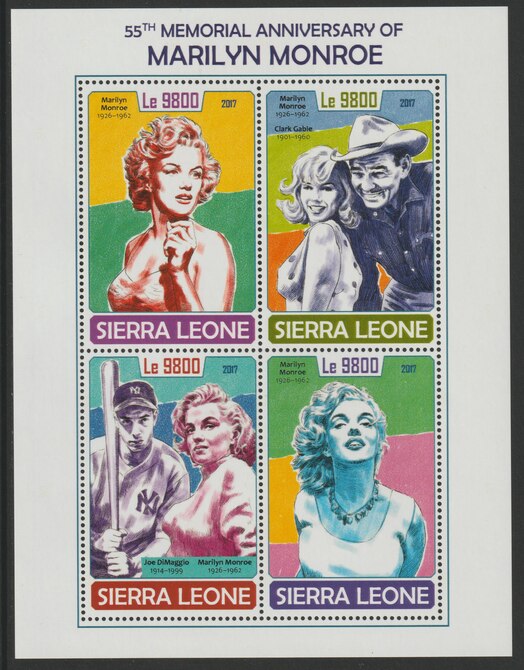 Sierra Leone 2017 Marilyn Monroe 55th Death Anniv perf sheetlet containing 4 values unmounted mint, stamps on marilyn, stamps on  cinema, stamps on films, stamps on movies, stamps on baseball