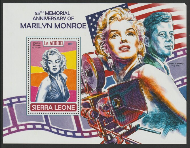 Sierra Leone 2017 Marilyn Monroe 55th Death Anniv perf deluxe sheet containing one value unmounted mint, stamps on , stamps on  stamps on marilyn, stamps on  stamps on  cinema, stamps on  stamps on films, stamps on  stamps on movies, stamps on  stamps on 