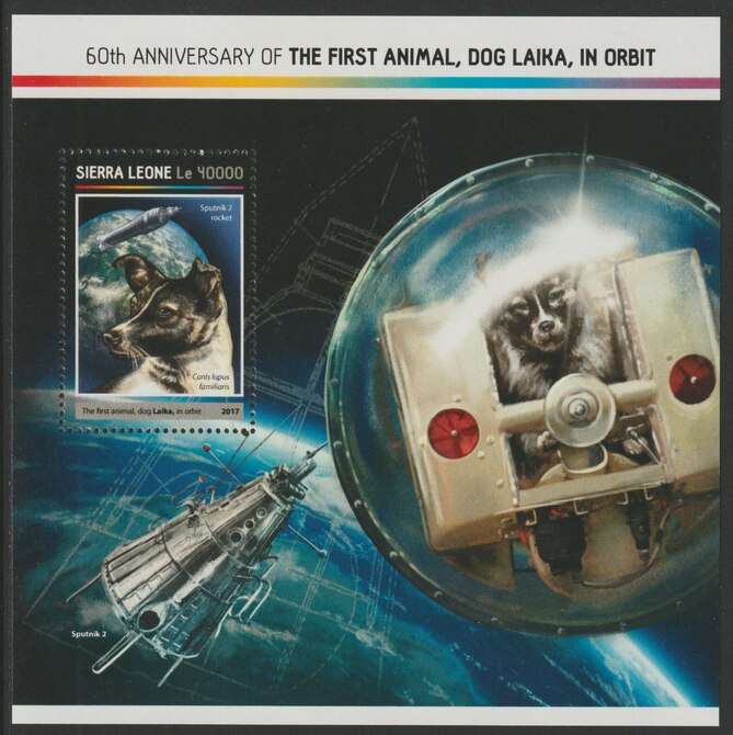 Sierra Leone 2017 First Dog sent into orbit 50th Anniv perf deluxe sheet containing one value unmounted mint, stamps on dogs, stamps on space