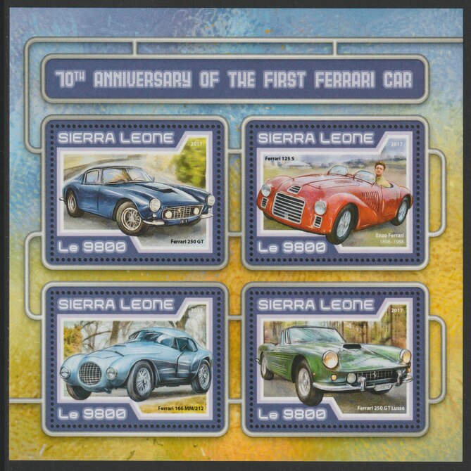 Sierra Leone 2017 Ferrari's First Car  70th Anniv perf sheetlet containing 4 values unmounted mint, stamps on cars, stamps on ferrari