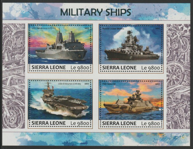 Sierra Leone 2017 Military Ships perf sheetlet containing 4 values unmounted mint, stamps on ships, stamps on aircraft carriers