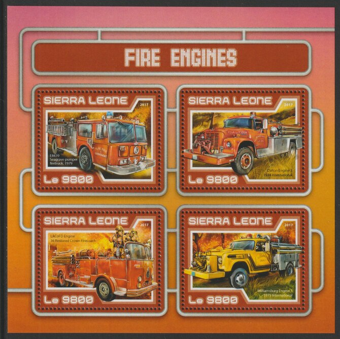 Sierra Leone 2017 Fire Engines #1 perf sheetlet containing 4 values unmounted mint, stamps on fire