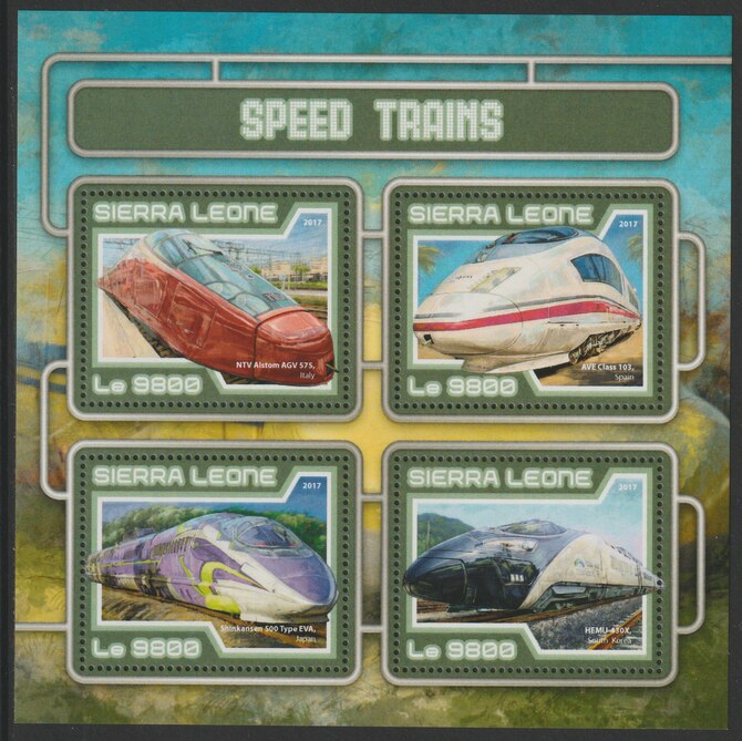 Sierra Leone 2017 High Speed Trains perf sheetlet containing 4 values unmounted mint, stamps on railways