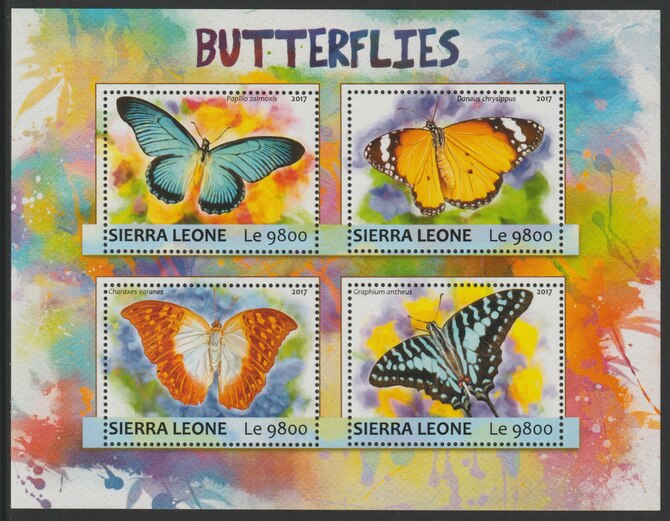 Sierra Leone 2017 Butterflies #1 perf sheetlet containing 4 values unmounted mint, stamps on butterflies